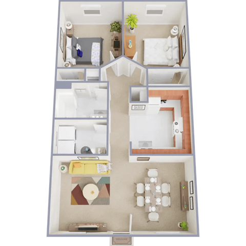 Floor plan for 2 beds, 1 bath, 836 sqft